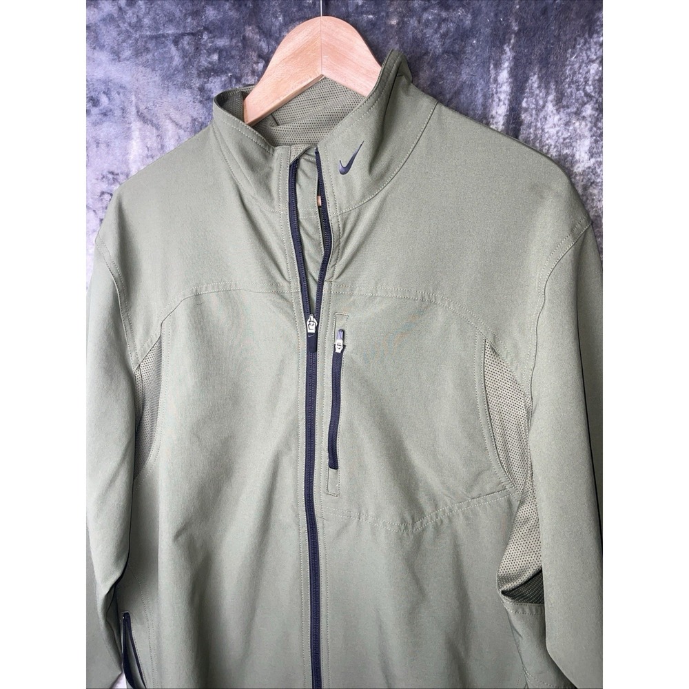 Nike Dri Fit Collar Swoosh Olive Green Mens L. Training Jacket Zip Up Pockets
